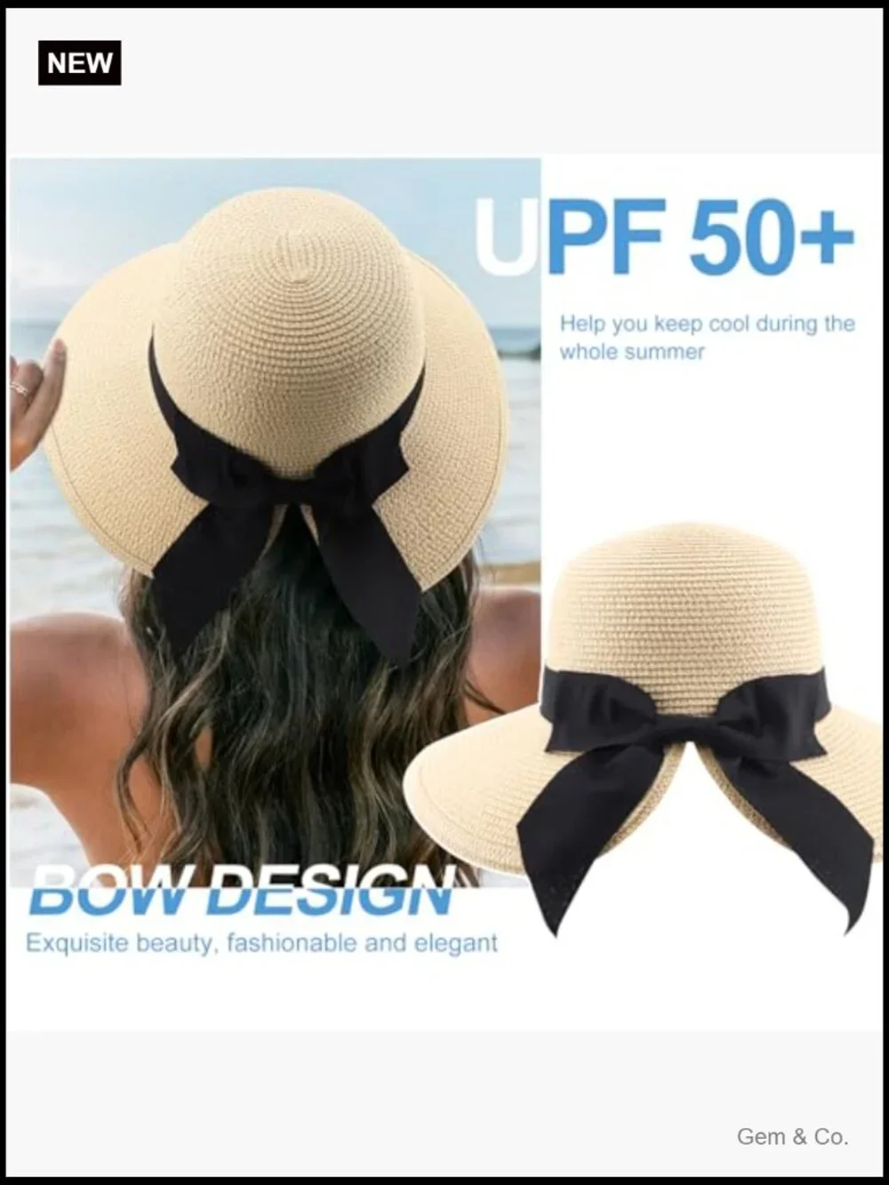 Wide Brim Straw Bucket Sun Hat with Bowknot UPF 50+ Foldable Travel